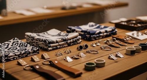 Artisanal Jewelry and Fabric Display on Wooden Table