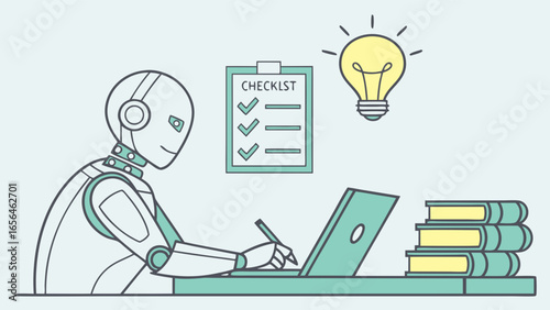 Smiling Robot Working on Laptop with Checklist and Idea.