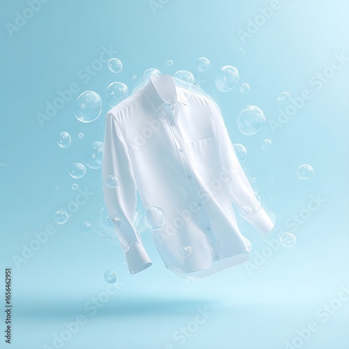 Wallpaper Mural A clean, white shirt floats among bubbles against a soft blue background, symbolizing freshness and cleanliness, Ideal for laundry services, fashion brands, or hygiene product advertisements, Torontodigital.ca