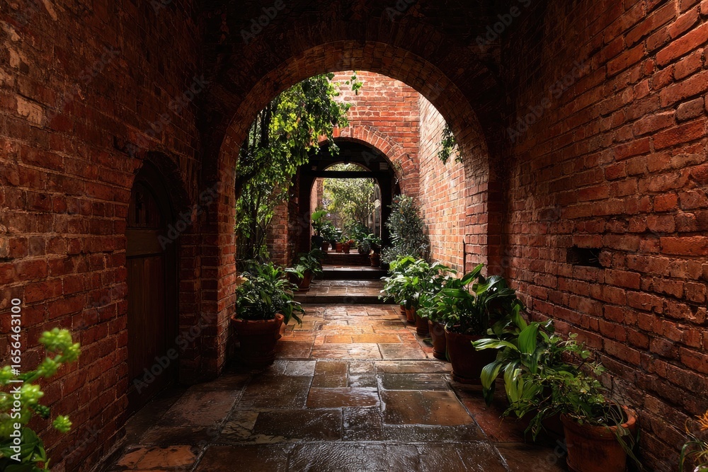 Fototapeta premium Brick archway walkway with plants