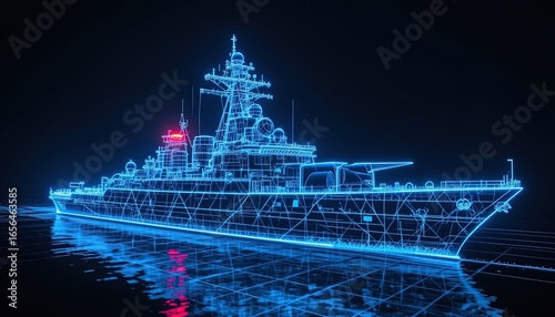 A glowing, vibrant blue wireframe model of a naval vessel, meticulously detailed against a dark background, showcasing its intricate design and structure.