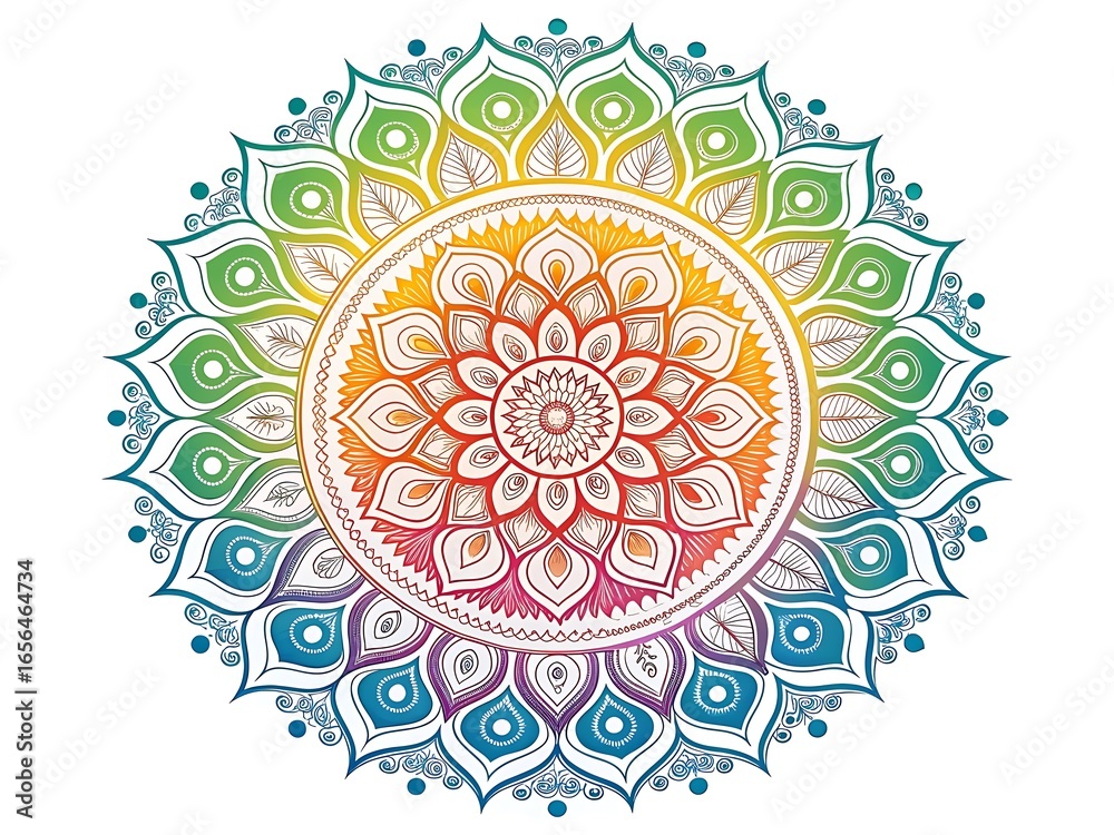 Naklejka premium Vibrant rainbow mandala flower pattern offering spiritual harmony and calm serenity
