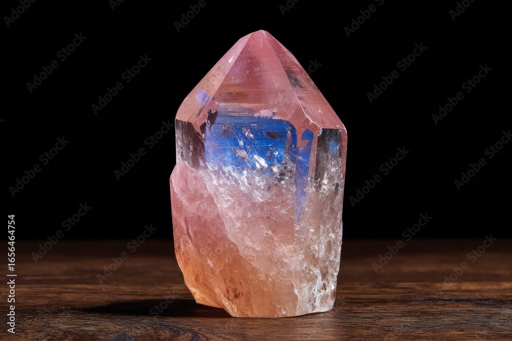 Fototapeta premium Pink crystal point on wooden surface
