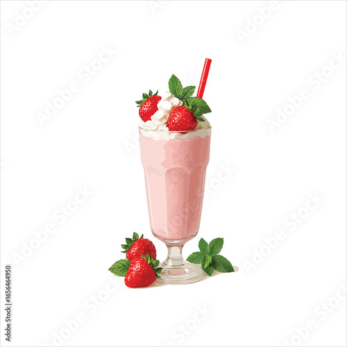 A tall glass filled with a thick strawberry milkshake