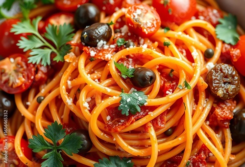 Close-up of vibrant spaghetti alla puttanesca, showcasing tomatoes, olives, capers, anchovies, parsley,  spices,  texture