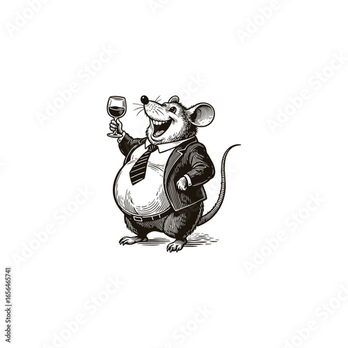 fat rat in a suit and tie, laughing joyfully while raising a glass of wine engraving illustration