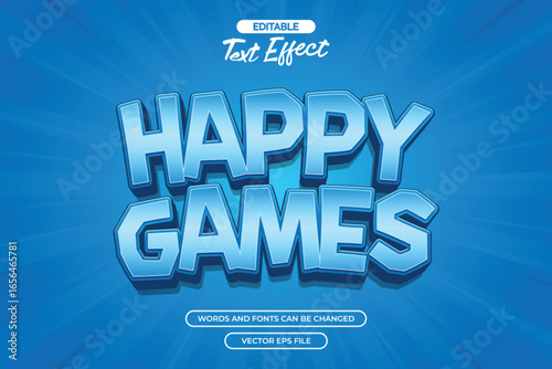 Happy games editable text effect with cartoon style and with blue comic background