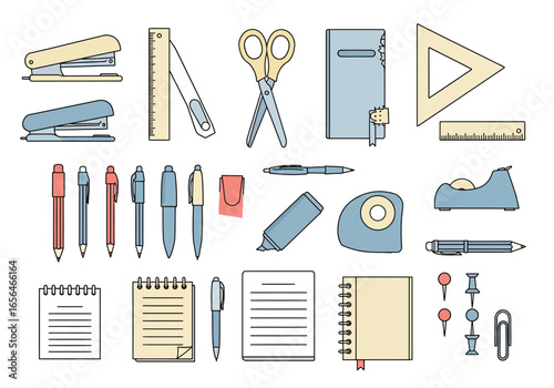 Array of office supplies staplers rulers scissors notebooks pens tape dispenser push pins and a paper clip