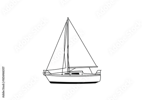 Line drawing of a sailboat with a mast boom and sail positioned in the center against a plain white background