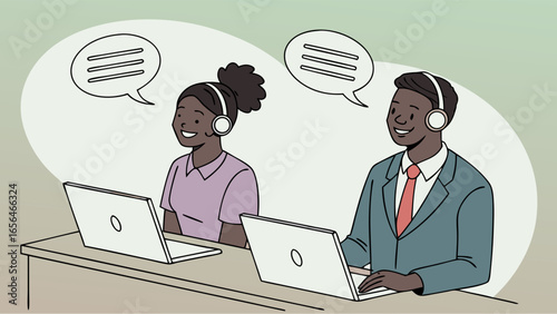 Two Smiling Customer Service Agents with Headsets and Laptops.