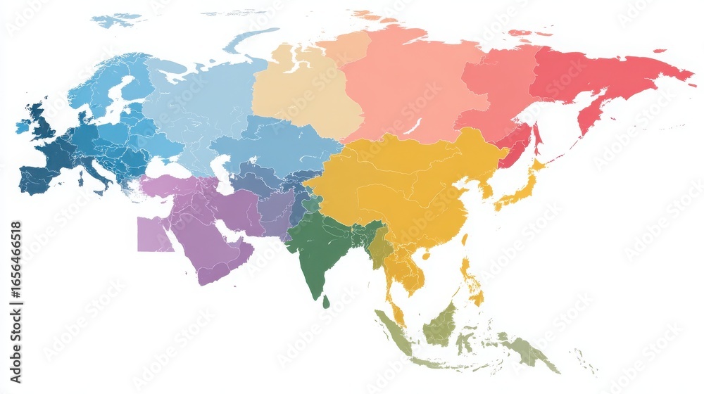Naklejka premium Colorful Map of Asia and Surrounding Regions with Geographic Divisions