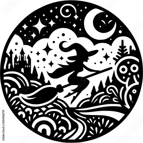 Witch's Flight at Night: A silhouette of a witch soaring across a night sky, her broom in tow, surrounded by stars, a crescent moon, and a mysterious castle, conjuring a sense of mystery and magic.