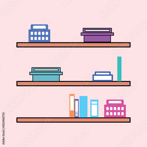 Wooden shelves with colorful storage boxes and books on a pink background, a neat and minimalist look suitable for home decoration inspiration.