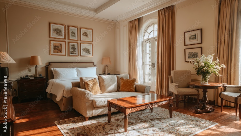 Fototapeta premium Luxurious hotel bedroom with natural light