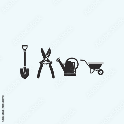 Gardening tools: a shovel, pruning shears, a watering can, and a wheelbarrow, black fill