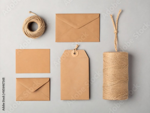 Flat lay of natural kraft paper packaging elements including envelopes tags and twine for branding mockups