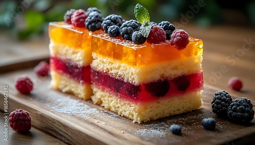 Layered fruit cake slice with fresh berries, jelly, custard and sponge base, decorated with raspberries and blueberries on wooden board, dusted with sugar.