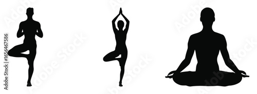 Silhouettes of three individuals in yoga poses including tree pose, extended balance, and seated meditation, symbolizing strength and mindfulness