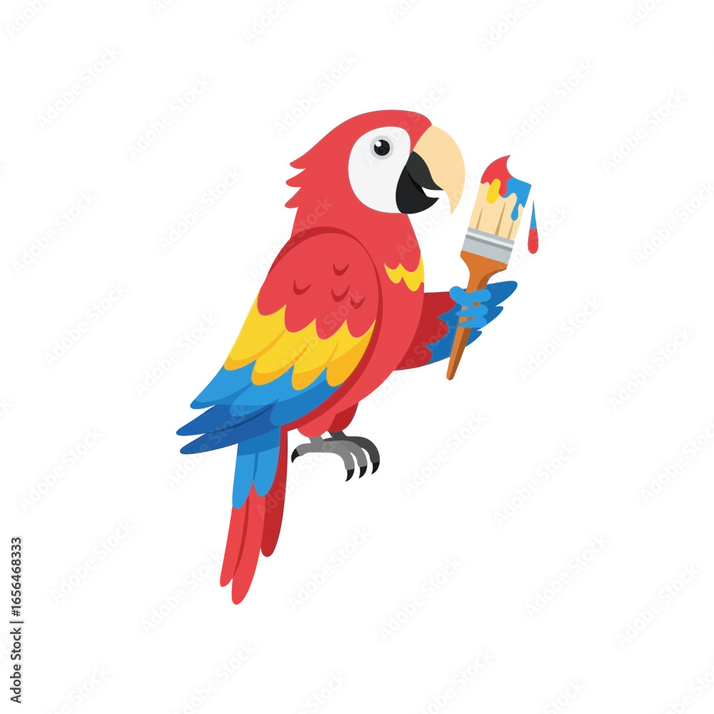 Fototapeta premium Colorful parrot holding an ice cream cone on a white background.