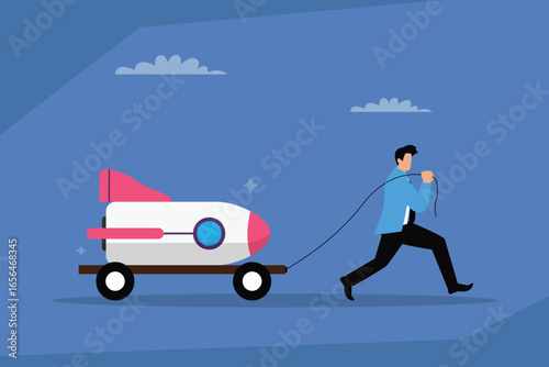 Slow Start to a Startup: A Man Pulls a Rocket on Wheels with a Rope, Symbolizing a Business That is Struggling to Launch and Grow 2d flat vector illustration