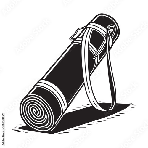 Rolled yoga mat with carrying strap, isolated on white background, simple black and white illustration for fitness and exercise
