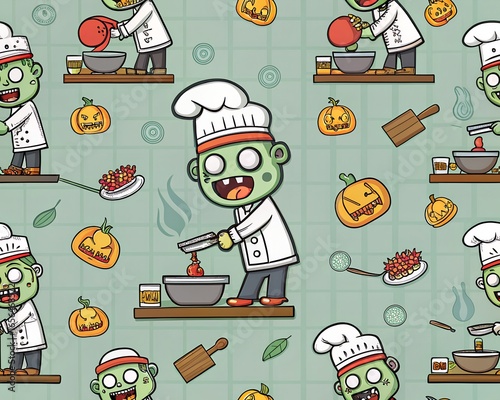 Halloween Zombie Cook Making Creepy Food in Funny Cartoon Style