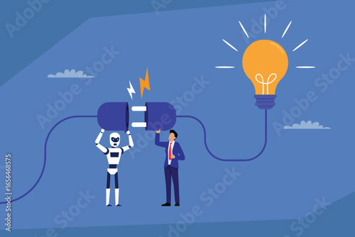 Artificial Intelligence Collaboration: A Man and a Robot Working Together to Connect a Plug and Light Up an Idea, Symbolizing the Synergy Between Humans and AI 2d flat vector illustration