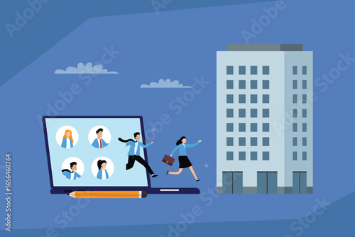 Digital Transformation: Businesspeople Jump from a Laptop to a Physical Office Building, Symbolizing the Shift from Remote Work and Virtual Meetings to In-Person Work 2d flat vector illustration