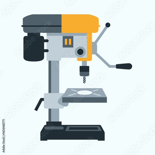 Illustration of a gray and yellow drill press on a white background.