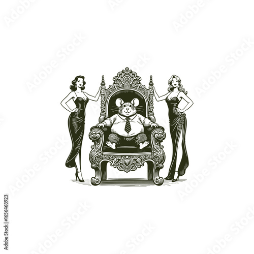 fat rat in a tie sitting confidently on a royal throne, flanked by two glamorous women in evening gowns, with piles of coins at the base