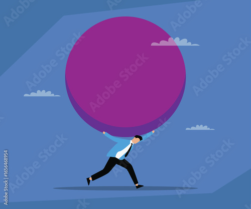 Heavy Burden: A Businessman Carries a Giant, Heavy Sphere on His Back, Symbolizing the Weight of a Problem, Responsibility, or Financial Debt 2d flat vector illustration