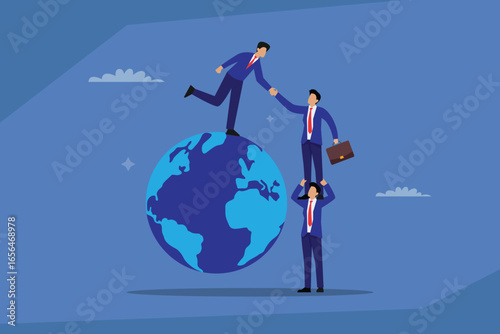 Global Teamwork: Two Businessmen Shake Hands While a Woman Lifts One of Them to a Globe 2d flat vector illustration