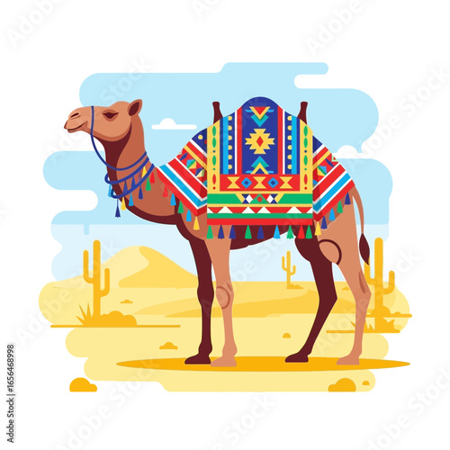 Camel with ornate saddle in a desert landscape.