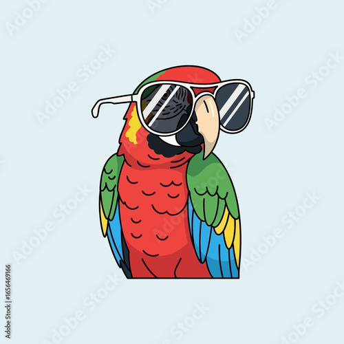 A colorful parrot wearing sunglasses and a hat.