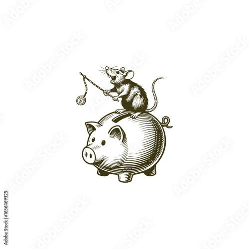 Engraving style black and white illustration of a mischievous mouse riding on top of a piggy bank, holding a whip like reins
