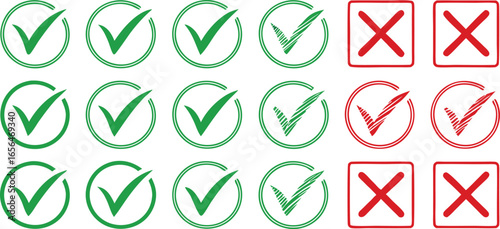 Collection of green checkmarks and red crosses in circles and squares representing yes or no options for decision making and voting