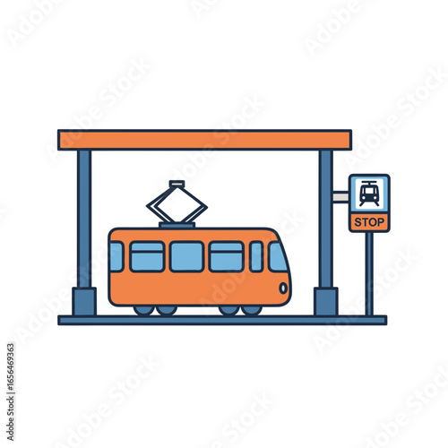 Orange tram at a station with a shelter and a sign.