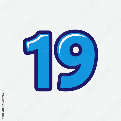 Blue number nineteen with dark blue outline on a white background.