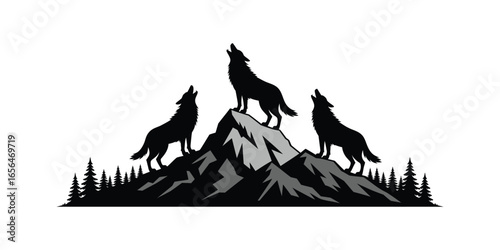 Silhouettes of three wolves howling atop a mountain surrounded by trees, capturing dramatic wilderness scene and natural animal behavior