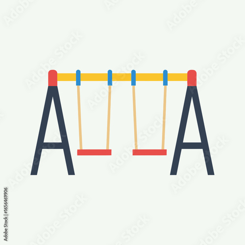 A simple illustration of a swing set with two swings on a light background.