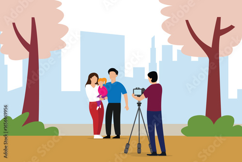 Family Photo Session: A Professional Photographer with a Camera on a Tripod Takes a Portrait of a Family with a City Skyline in the Background 2d flat vector illustration
