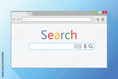 Web browser window on blue background. Search engine in Internet Explorer illustration.