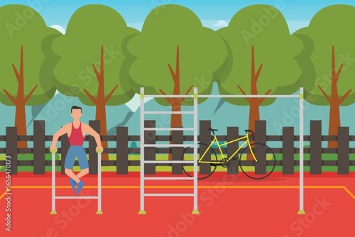 Man Exercising at a Public Outdoor Calisthenics or Workout Park 2d flat vector illustration