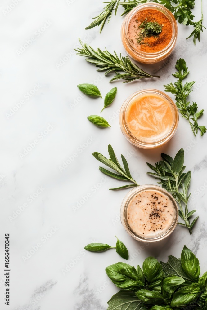 Three open glass jars filled with creamy mixtures sit among rosemary, basil, and other green herbs on a white marble surface from above. Three open glass jars filled with creamy mixtures sit among rosemary, basil, and other green herbs on a white marble surface from above.