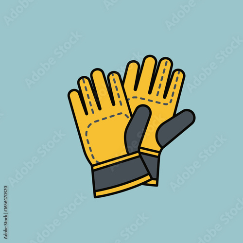 Two yellow work gloves with black cuffs on a light blue background.