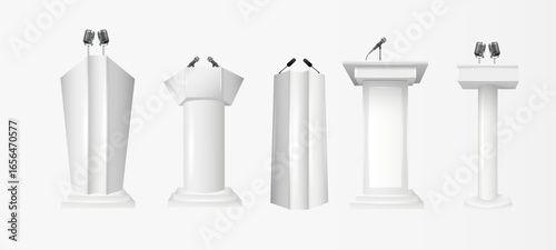 White Podium Tribune Rostrum Stands with Microphones. Podium tribune with microphones isolated for business presentation, conference. Vector