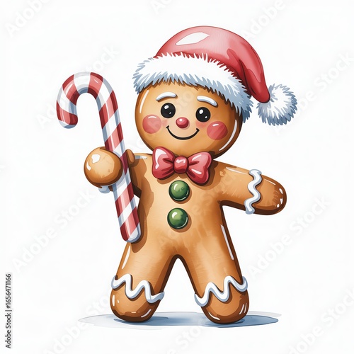A cheerful gingerbread man adorned with a Santa hat, holding a candy cane, perfect for holiday celebrations.