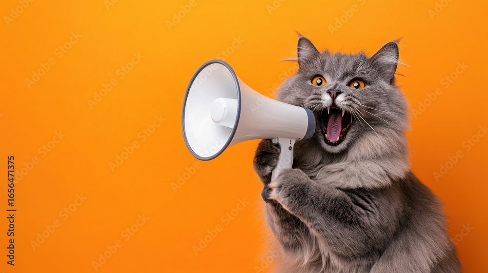 Fototapeta premium Cat Shouting with Megaphone, Pet Creativity, Marketing Promotion, Funny Animal Material