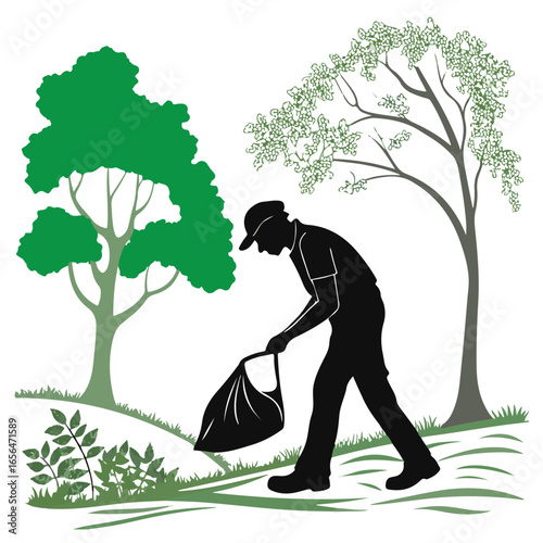Silhouette of a man picking up trash with a bag in a park with trees and grass, symbolizing environmental cleanup and conservation efforts