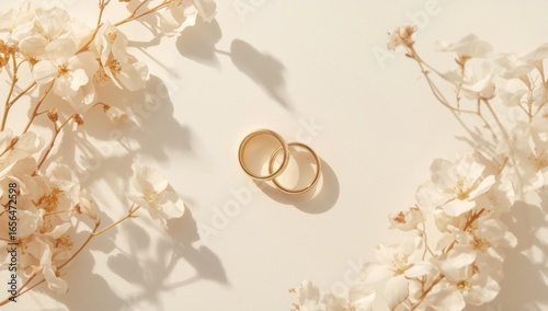 wedding rings with flower breath border. mockup with wedding invitation.